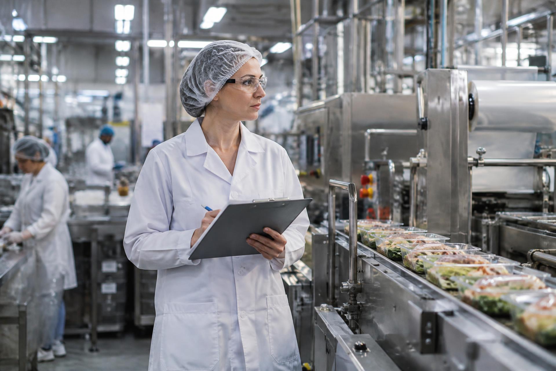 Food safety professional inspecting a modern processing facility