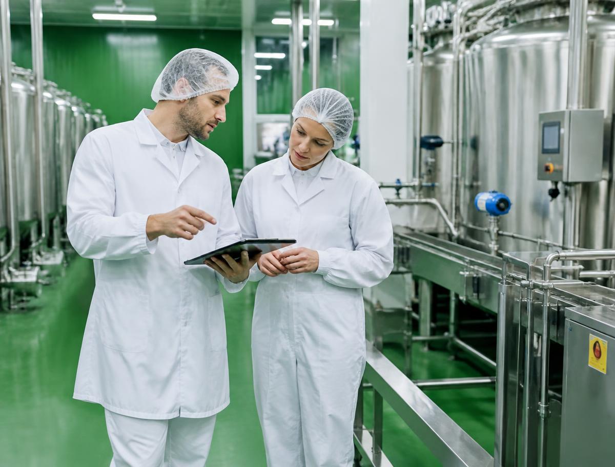 Food safety professionals reviewing systems in a clean processing facility