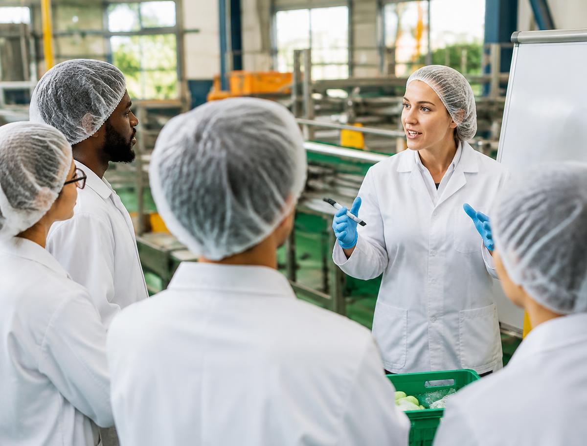 Consultant leading practical food safety training for a production team